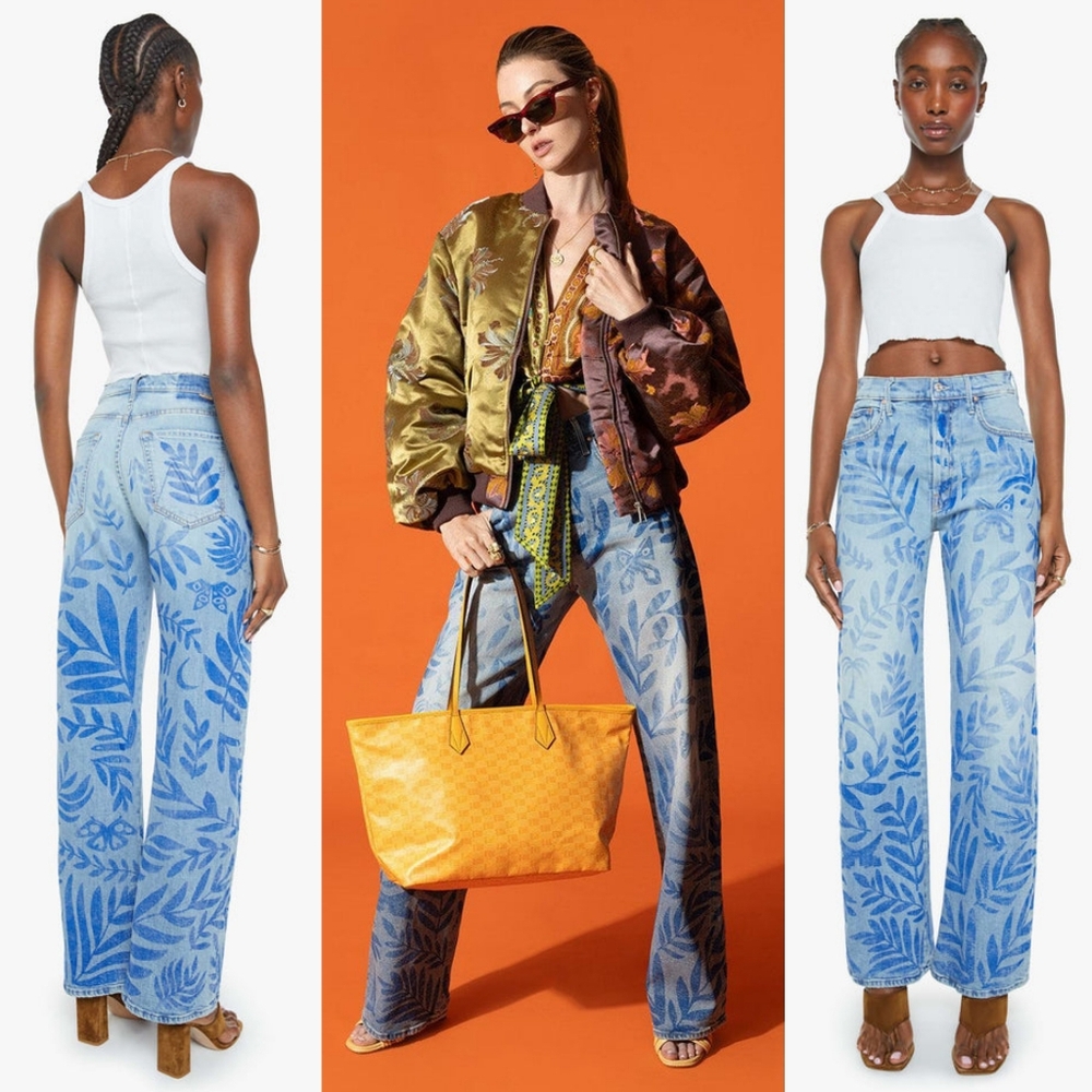 NWT Mother Denim The Lasso Sneak Jeans Pressed Leaves 29 Blue Painted Denim Jean - Picture 2 of 16